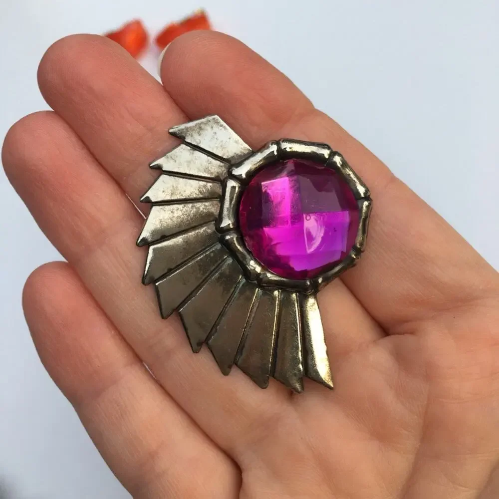 80s style purple accent chrome wing post earrings